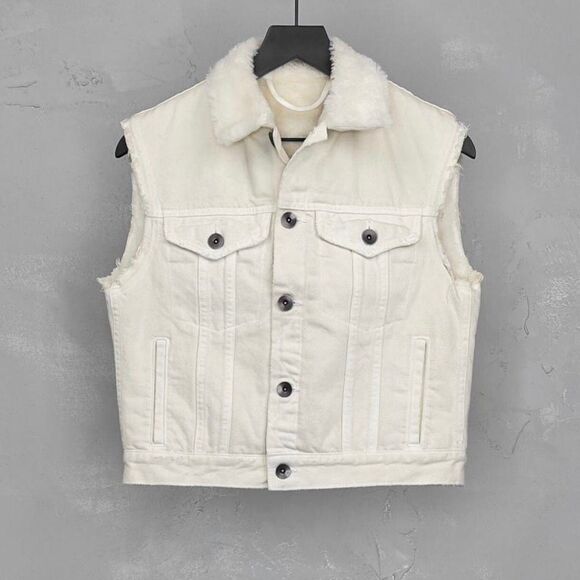 Helmut Lang Jackets & Blazers - Helmut Lang Trucker Denim Vest in Ivory w/ Faux Fur Lining Women's Medium